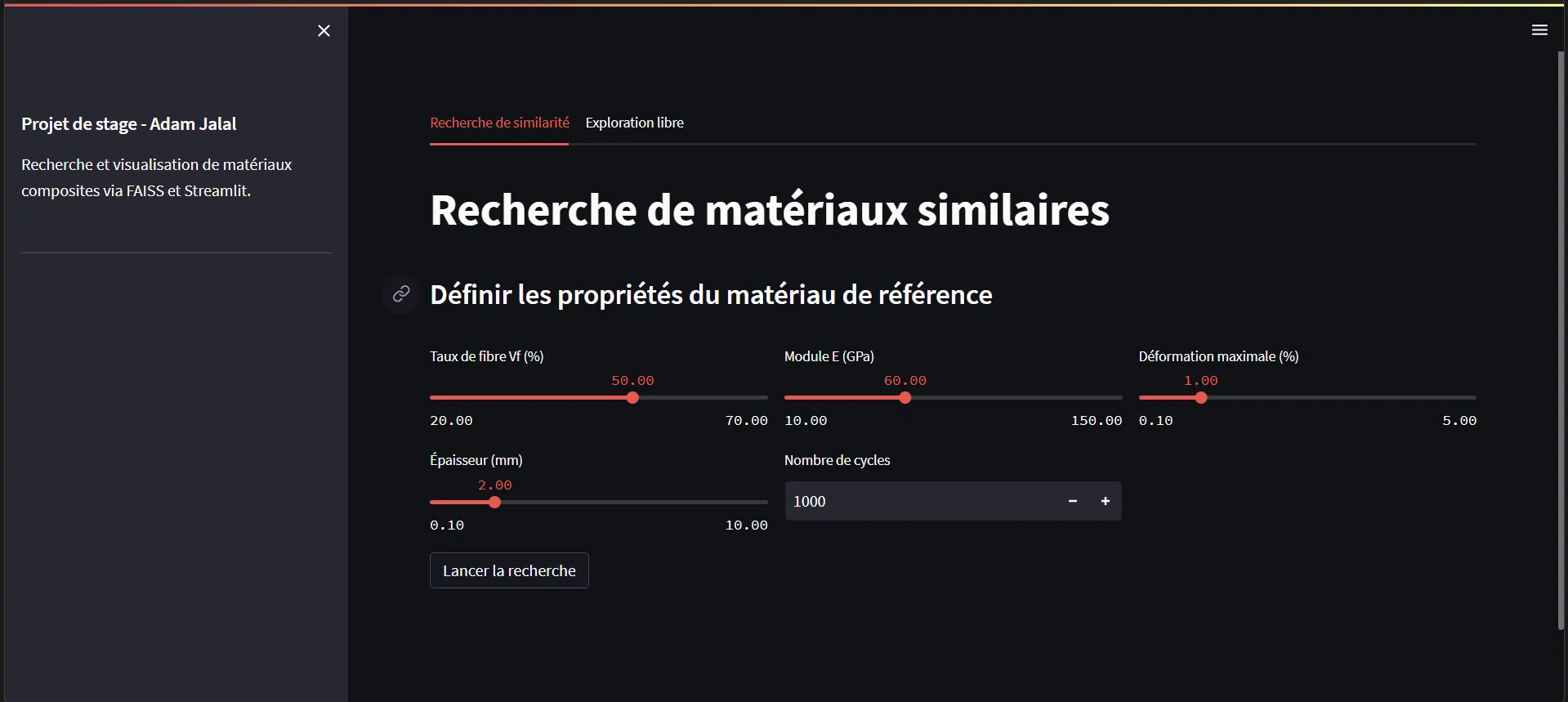 Streamlit interface of the materials similarity search