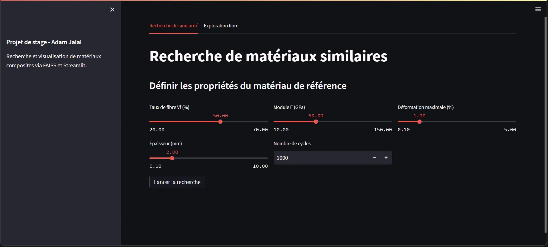 Similarity search form: fibre ratio, elastic modulus, strain, thickness, cycles